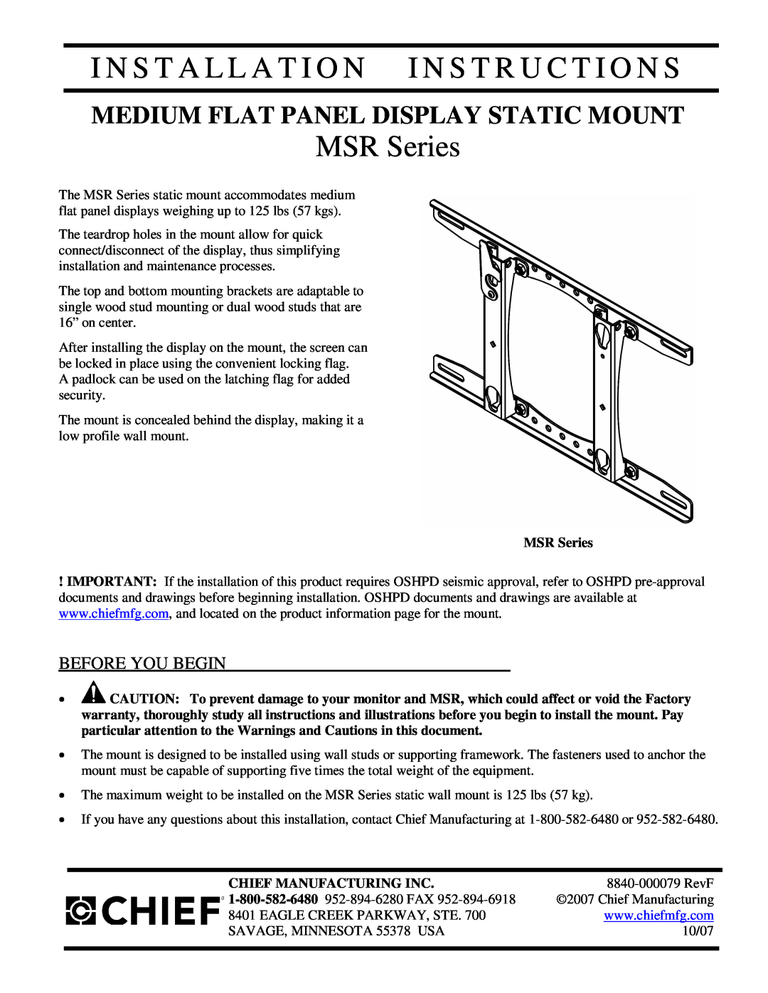 Chief Manufacturing MSR Series installation instructions I N S T A L L A T I O N I N S T R U C T I O N S, Before You Begin 