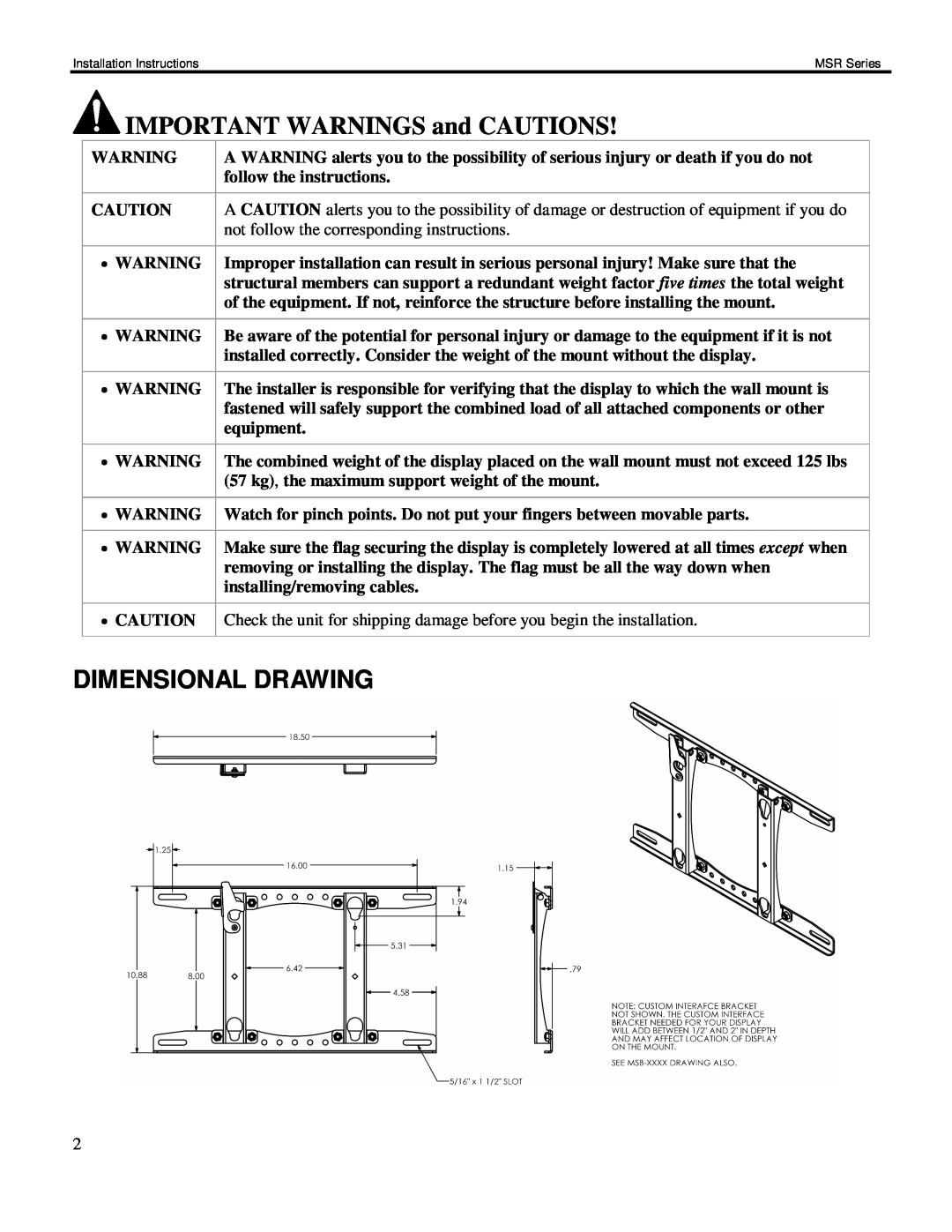 Chief Manufacturing MSR Series installation instructions Dimensional Drawing, IMPORTANT WARNINGS and CAUTIONS 