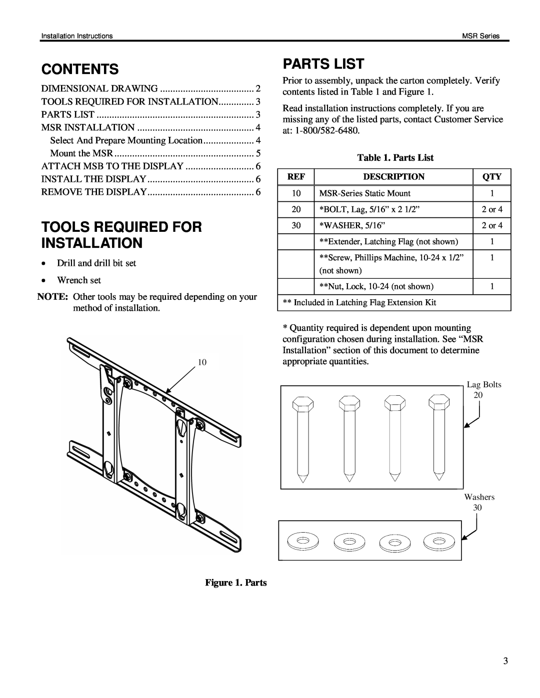 Chief Manufacturing MSR Series installation instructions Contents, Tools Required For Installation, Parts List 