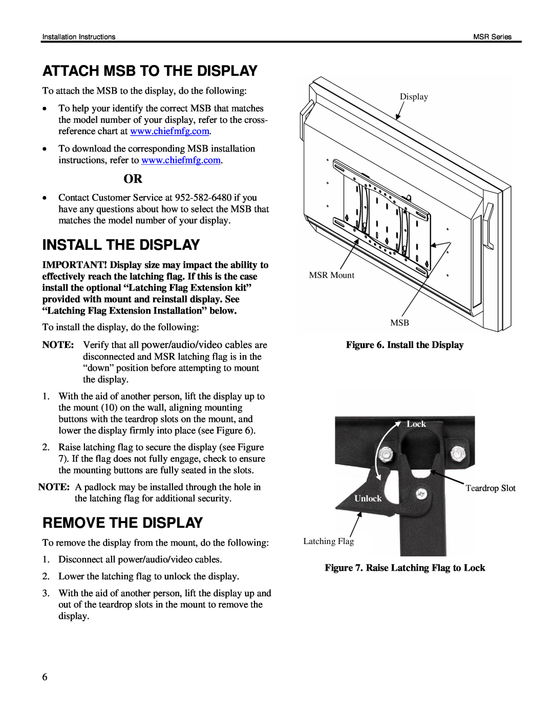 Chief Manufacturing MSR Series installation instructions Attach Msb To The Display, Install The Display, Remove The Display 