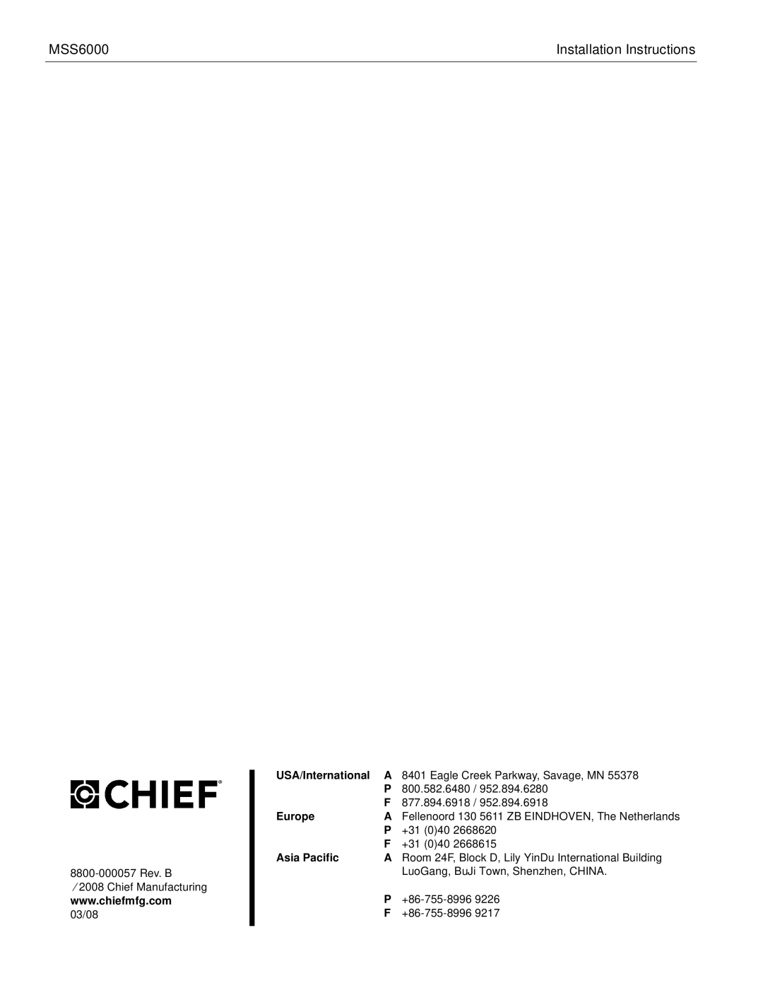 Chief Manufacturing MSS6000 installation instructions +31 040 