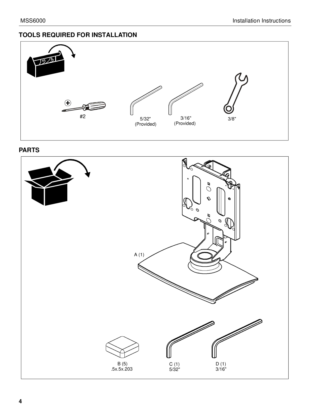 Chief Manufacturing MSS6000 installation instructions Tools Required for Installation, Parts 