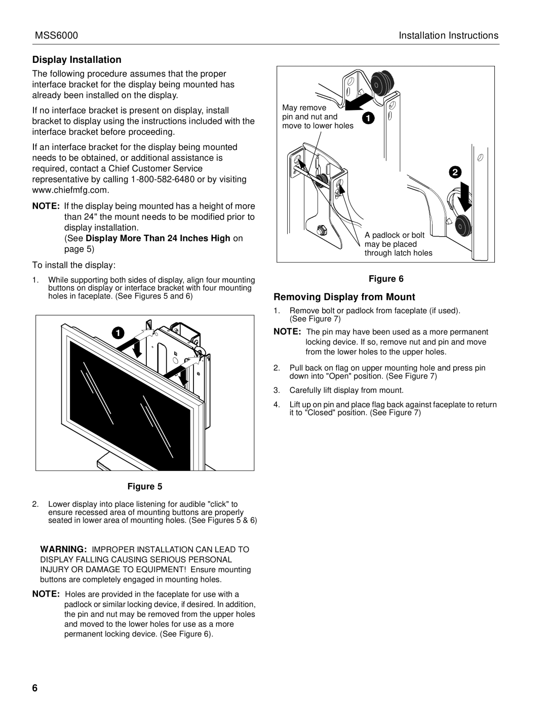 Chief Manufacturing MSS6000 Display Installation, Removing Display from Mount, See Display More Than 24 Inches High on 
