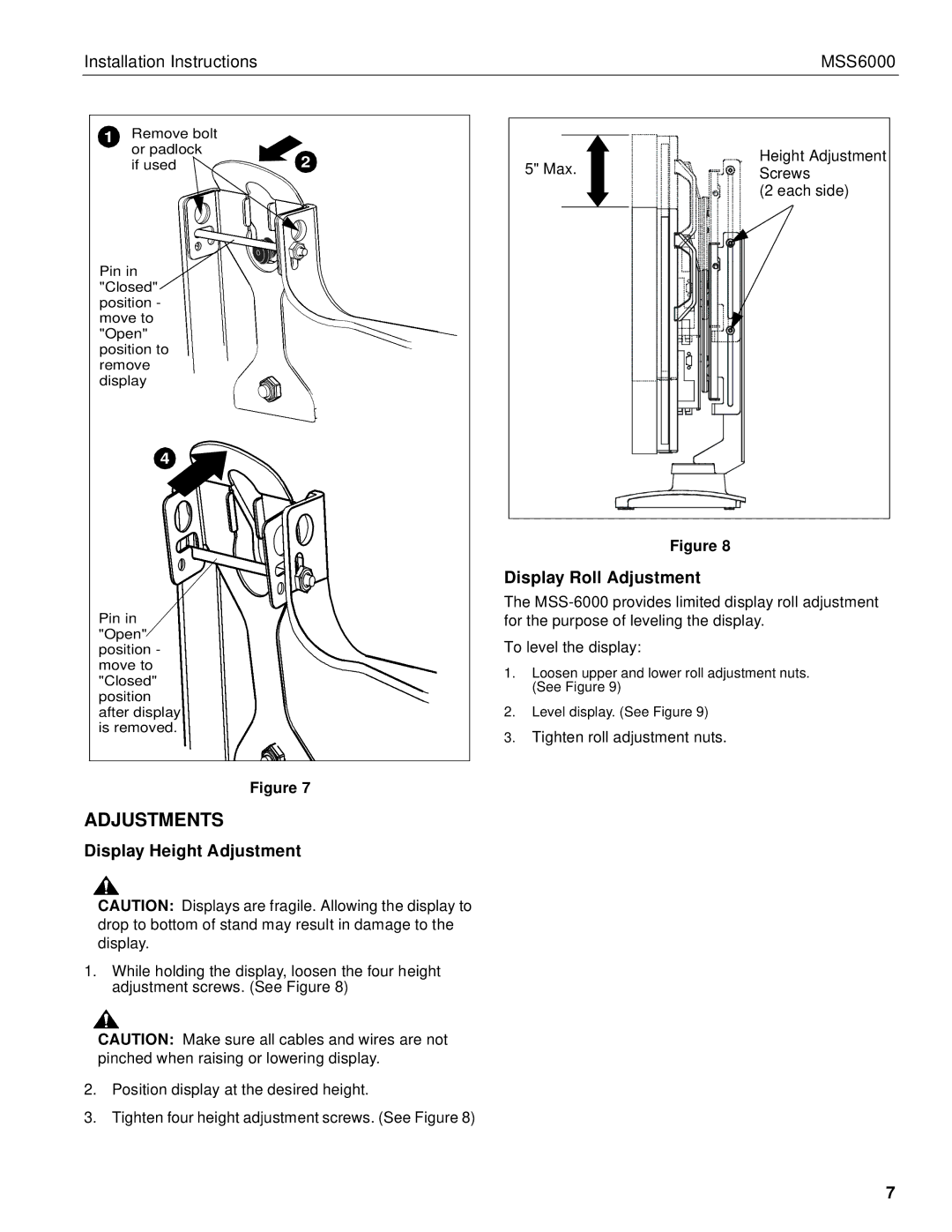 Chief Manufacturing MSS6000 installation instructions Adjustments, Display Roll Adjustment, Display Height Adjustment 