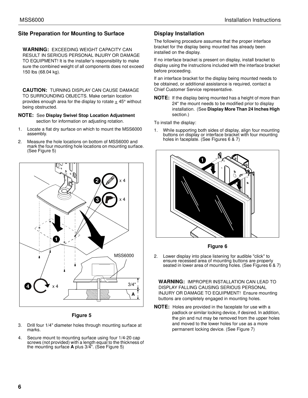 Chief Manufacturing MSS6000 installation instructions Site Preparation for Mounting to Surface, Display Installation 