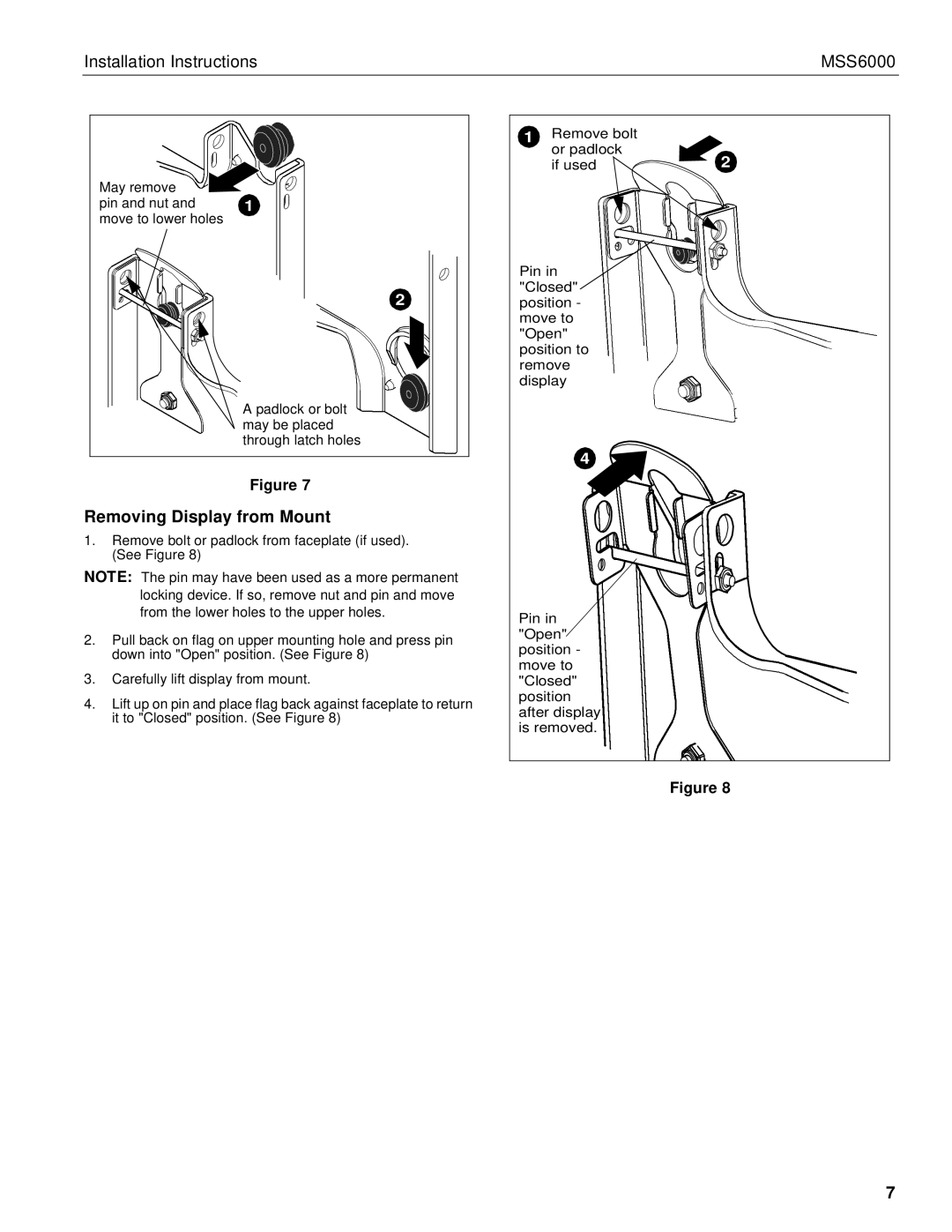 Chief Manufacturing MSS6000 installation instructions Removing Display from Mount 