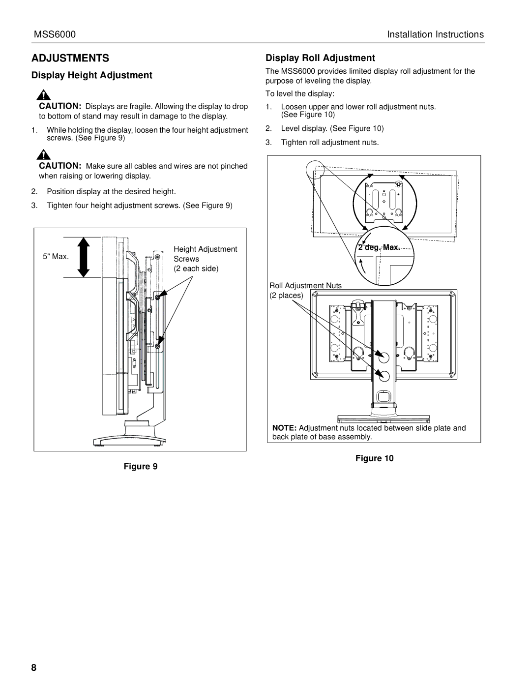 Chief Manufacturing MSS6000 installation instructions Adjustments, Display Height Adjustment, Display Roll Adjustment 