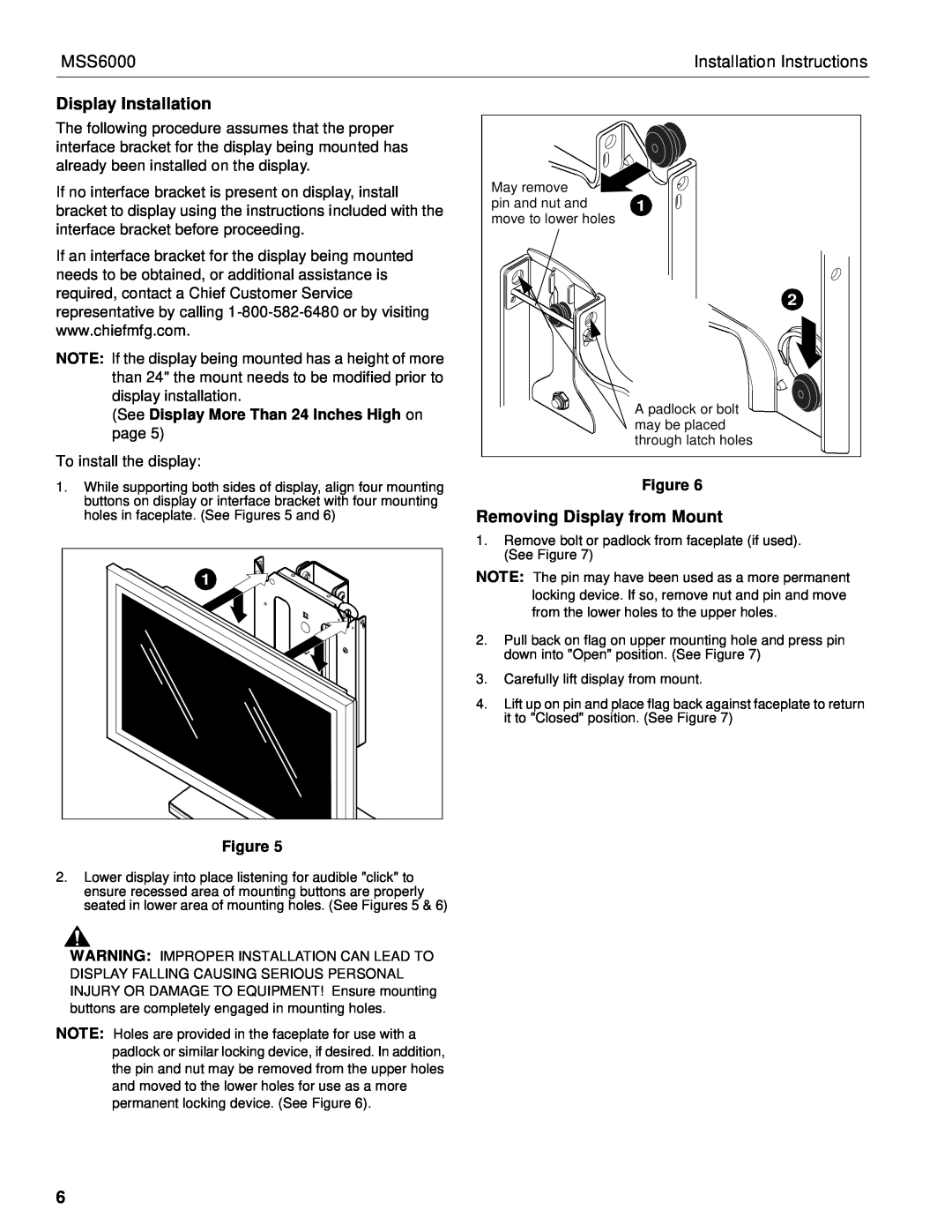 Chief Manufacturing MSS6000 Display Installation, Removing Display from Mount, Installation Instructions 