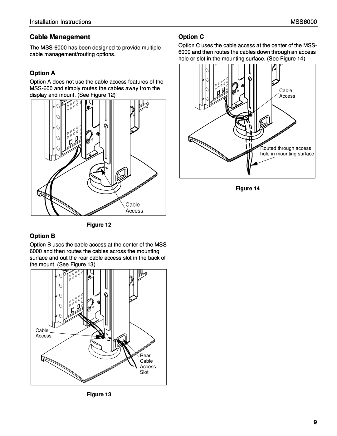 Chief Manufacturing MSS6000 Cable Management, Option C, Option A, Option B, Installation Instructions 