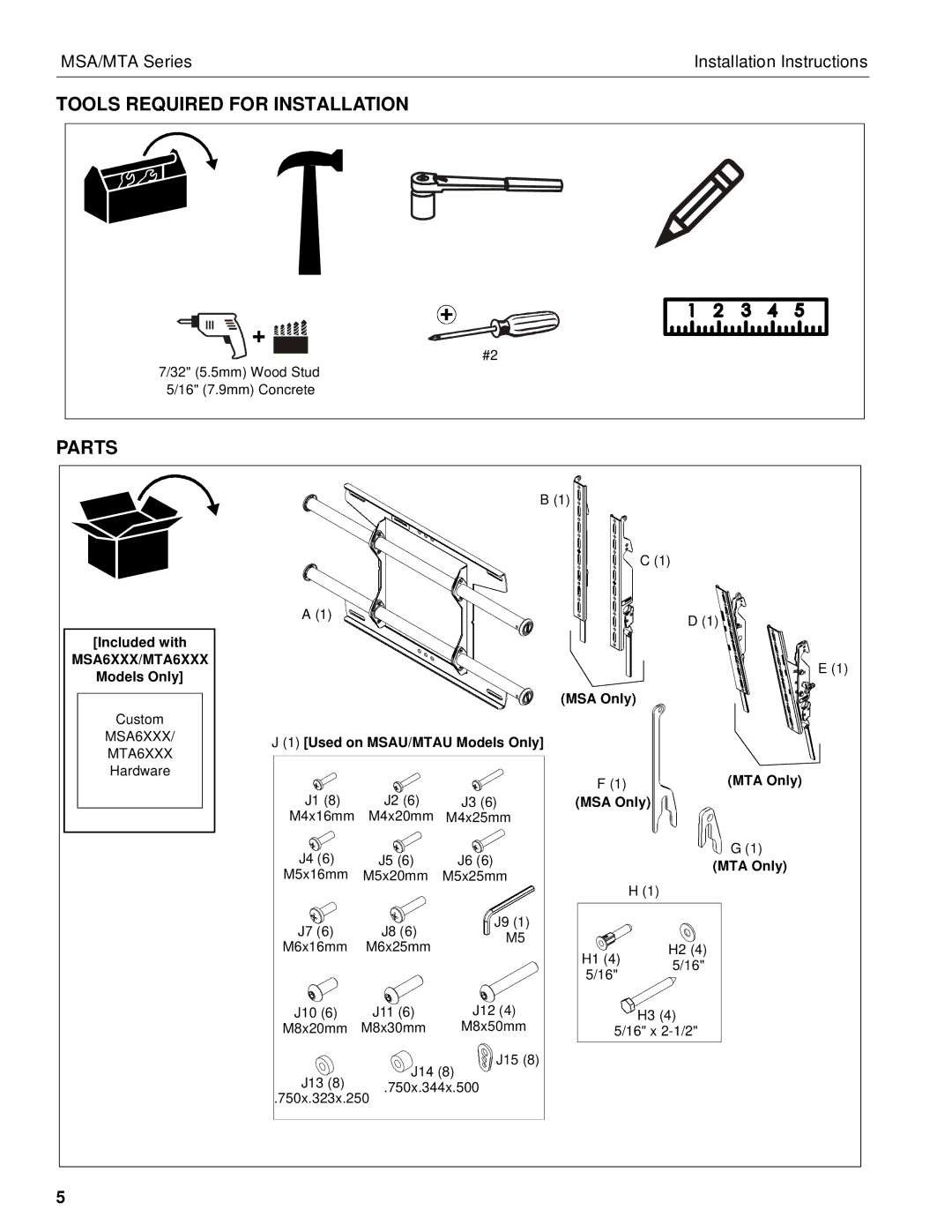 Chief Manufacturing MSA Series, MTA Series installation instructions Tools Required for Installation, Parts 