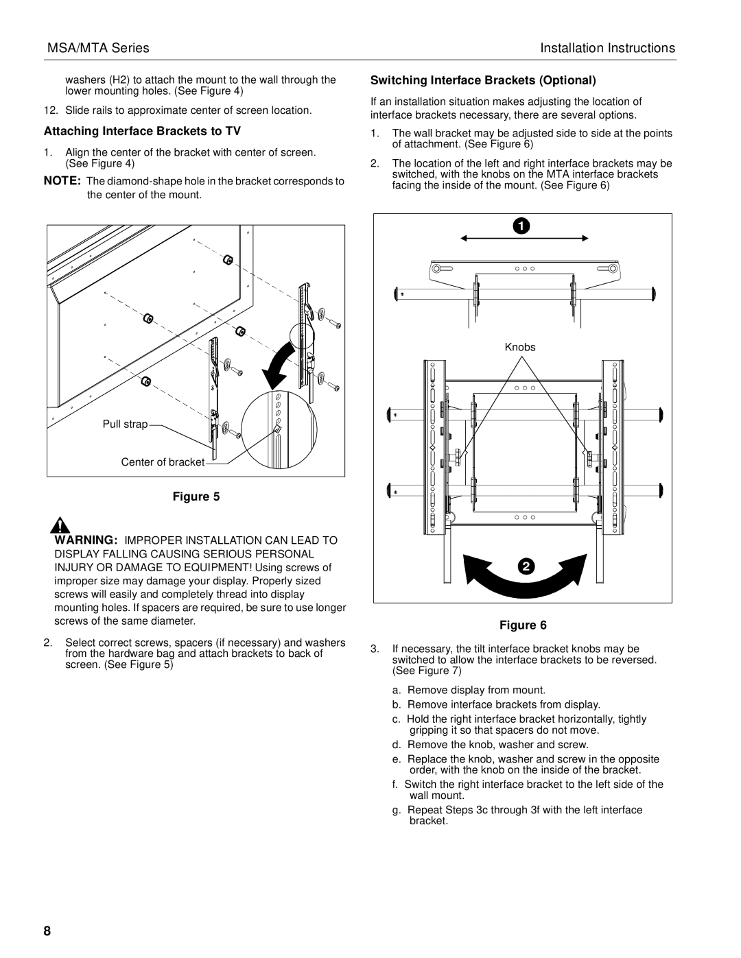 Chief Manufacturing MTA Series, MSA Series Attaching Interface Brackets to TV, Switching Interface Brackets Optional 