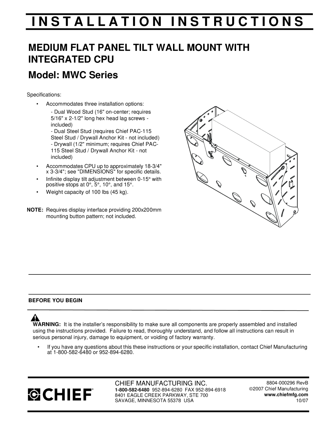 Chief Manufacturing MWC Series installation instructions Installation I N S T R U C T I O N S, Before YOU Begin 