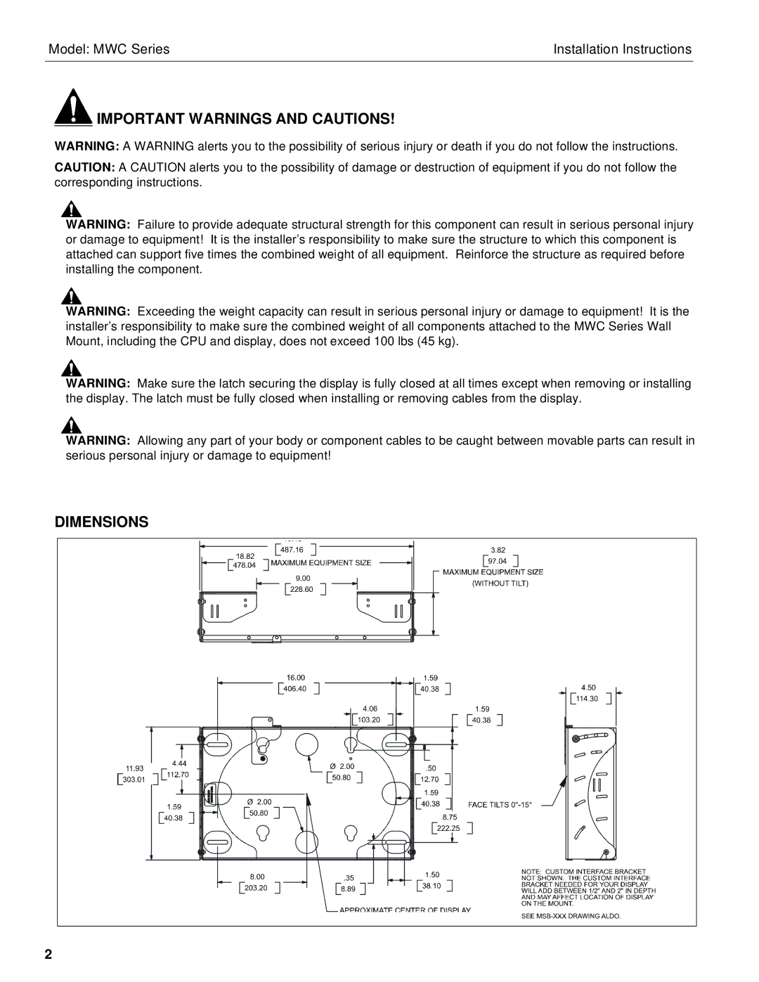 Chief Manufacturing MWC Series installation instructions Important Warnings and Cautions 