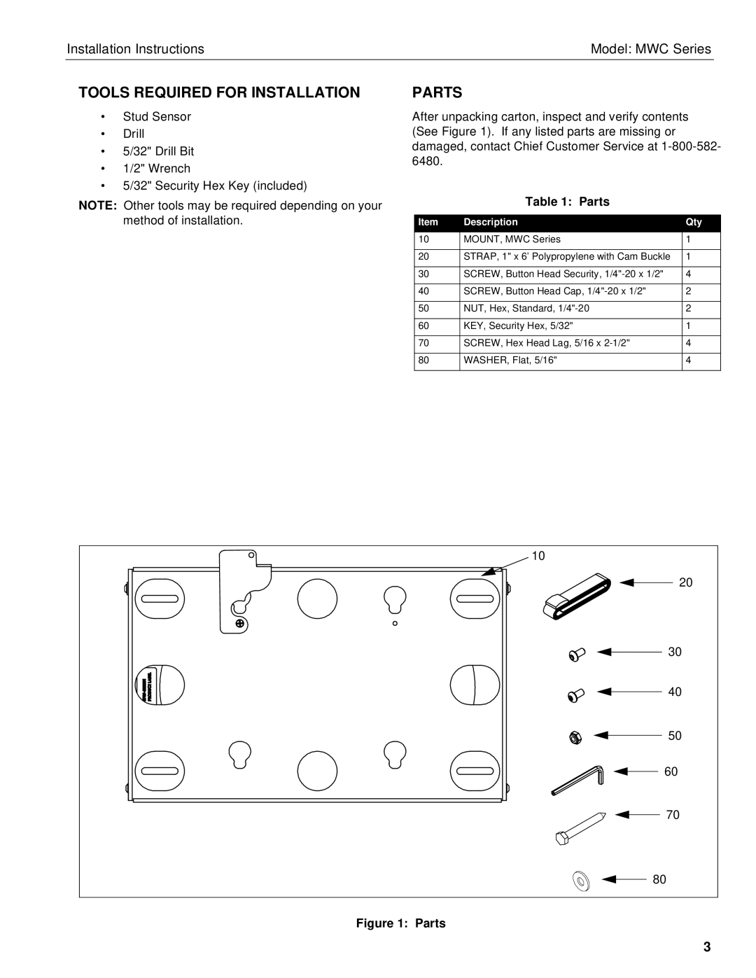 Chief Manufacturing MWC Series installation instructions Tools Required for Installation, Parts 