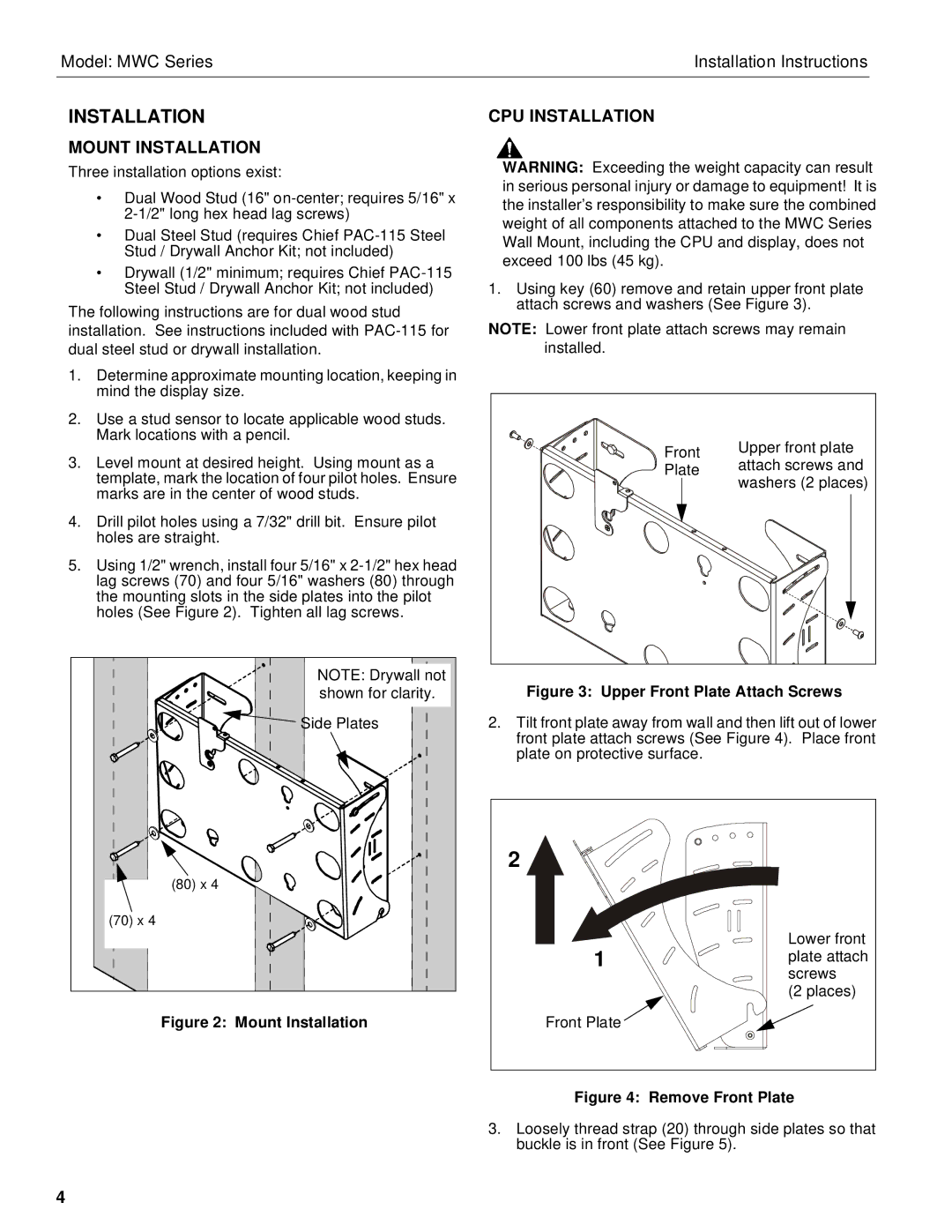 Chief Manufacturing MWC Series installation instructions Mount Installation, CPU Installation 