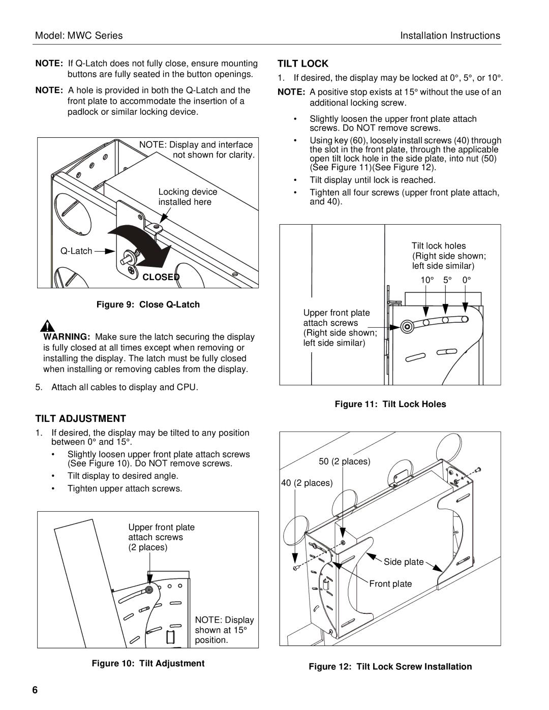 Chief Manufacturing MWC Series installation instructions Tilt Lock, Tilt Adjustment, Closed 