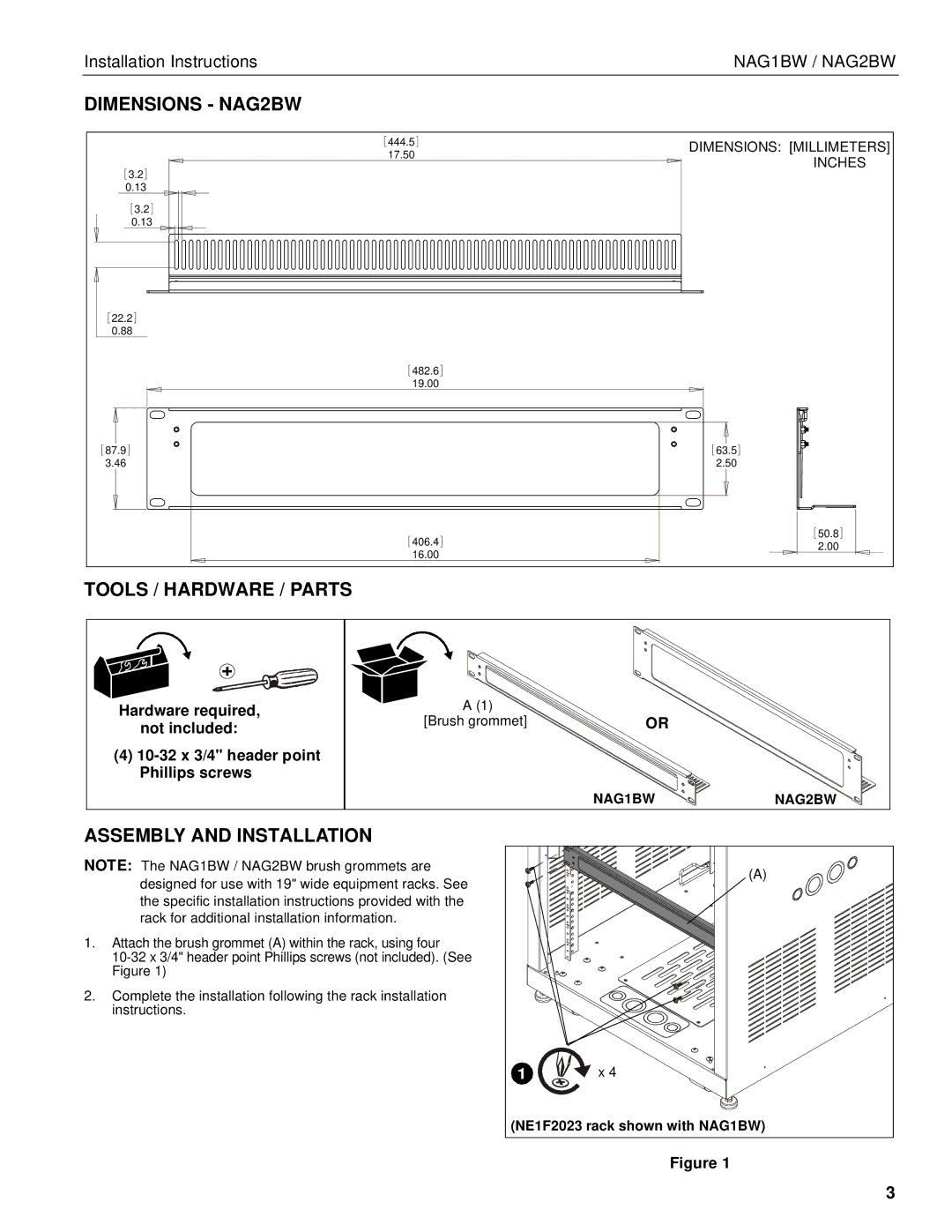 Chief Manufacturing nag1bw, nag2bw Dimensions NAG2BW, Tools / Hardware / Parts, Assembly and Installation 