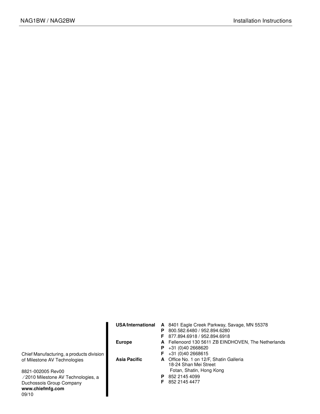 Chief Manufacturing nag2bw, nag1bw installation instructions +31 040 