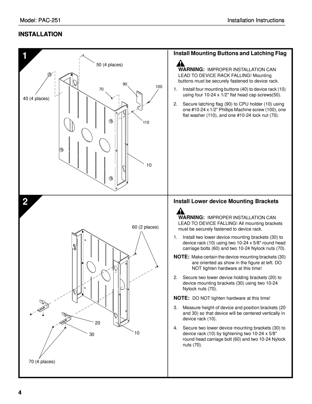 Chief Manufacturing Install Lower device Mounting Brackets, Model PAC-251, Installation Instructions 