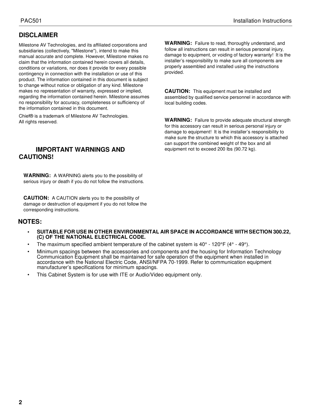 Chief Manufacturing PAC501 installation instructions Disclaimer, Important Warnings and Cautions 