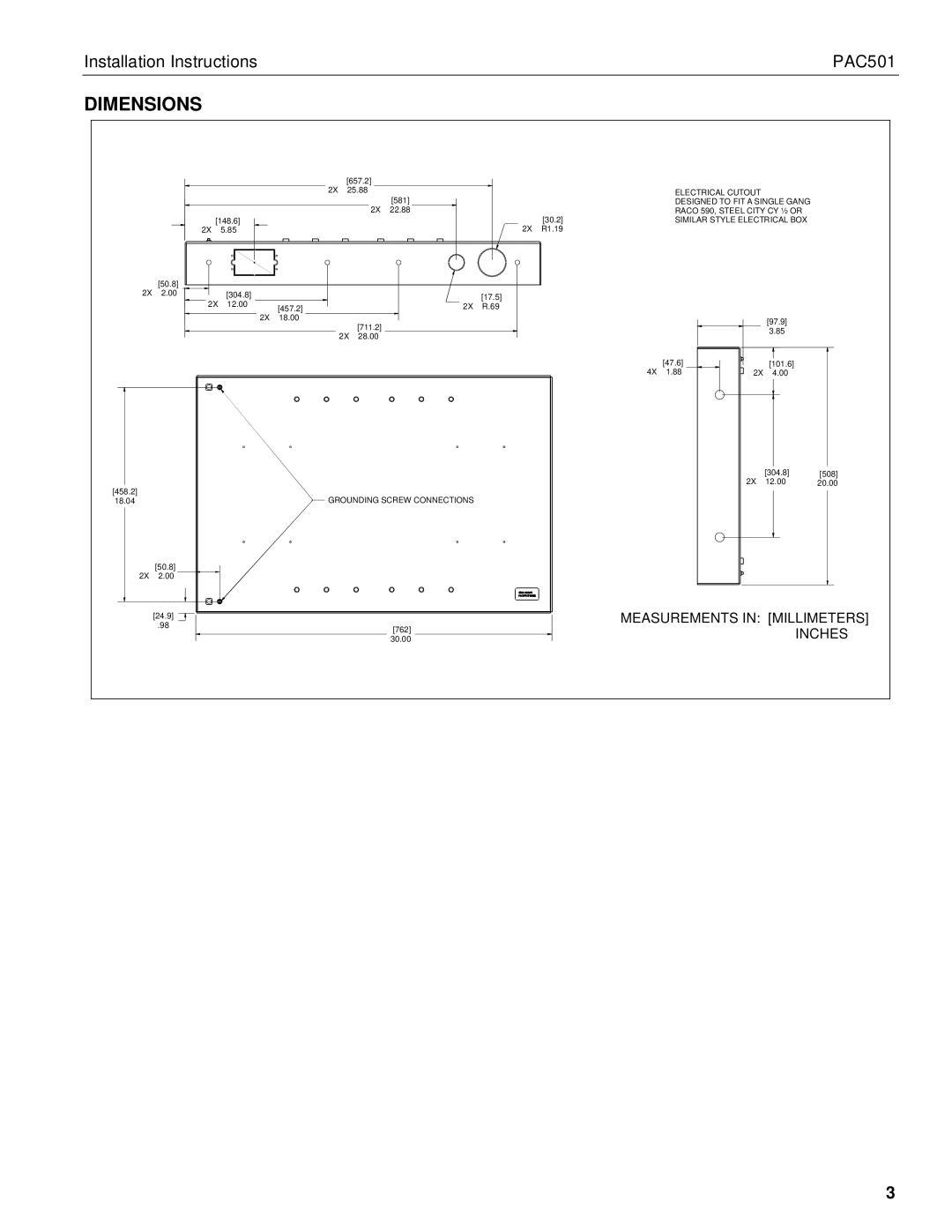 Chief Manufacturing PAC501 installation instructions Dimensions, Raco 590, Steel City CY ½ or 