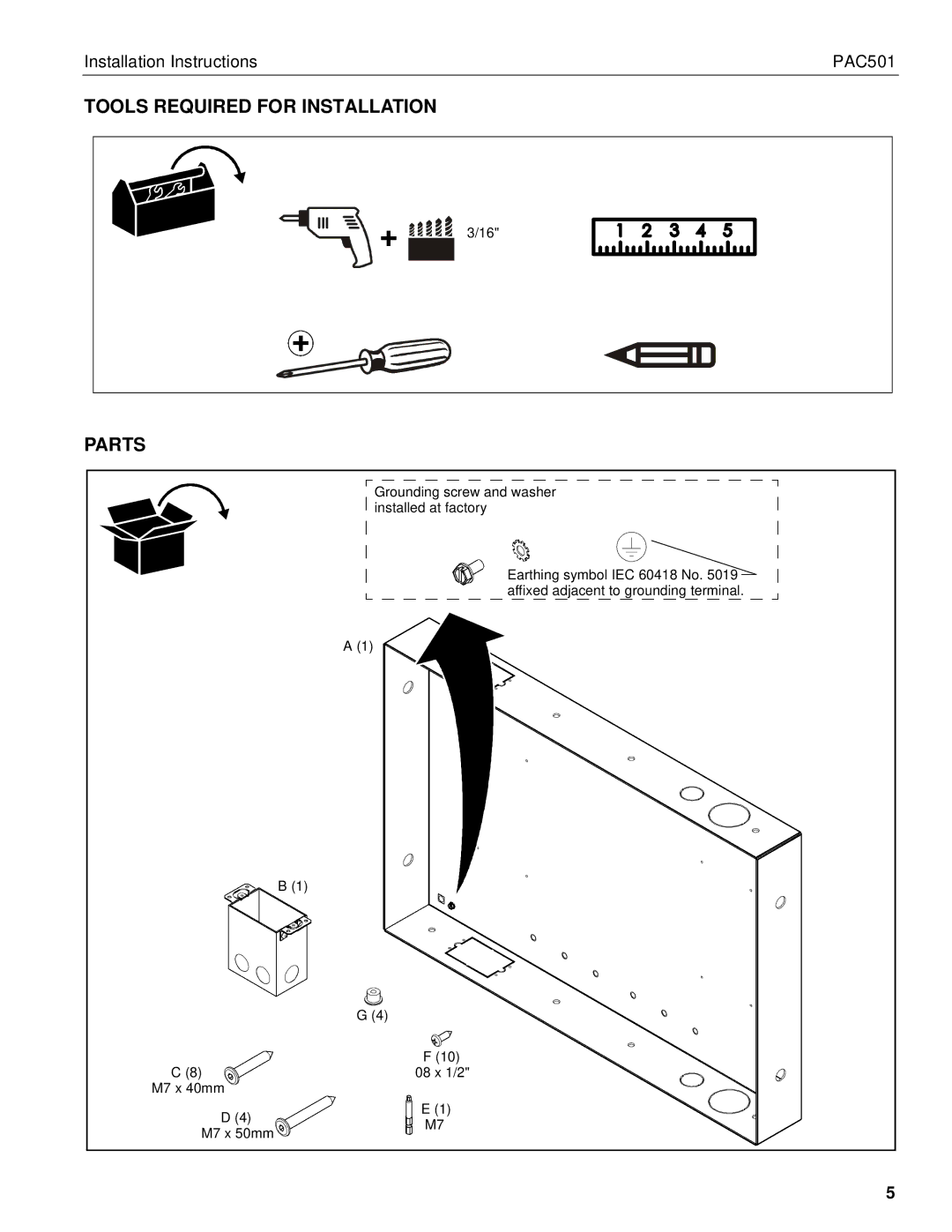 Chief Manufacturing PAC501 installation instructions Tools Required for Installation Parts 