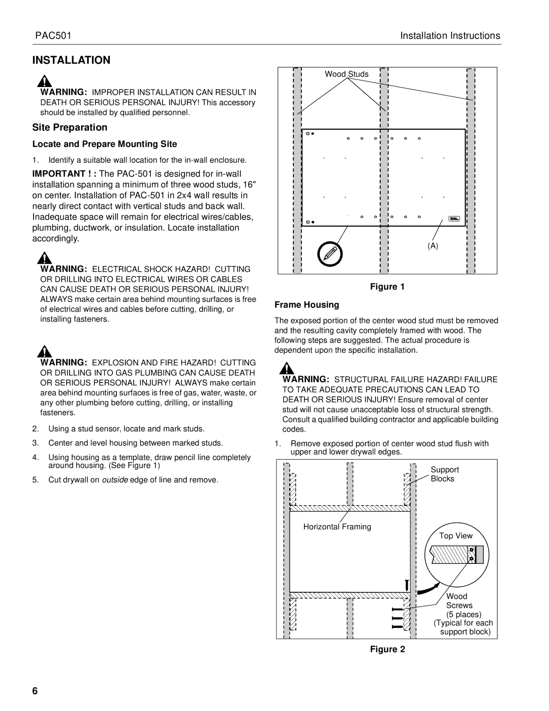 Chief Manufacturing PAC501 installation instructions Installation, Site Preparation 