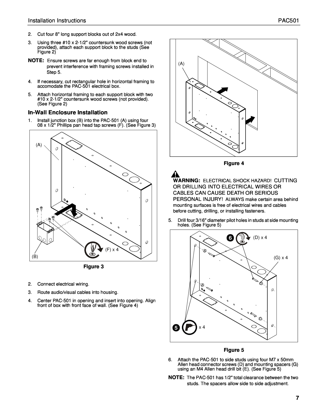 Chief Manufacturing PAC501 installation instructions In-WallEnclosure Installation, Installation Instructions 