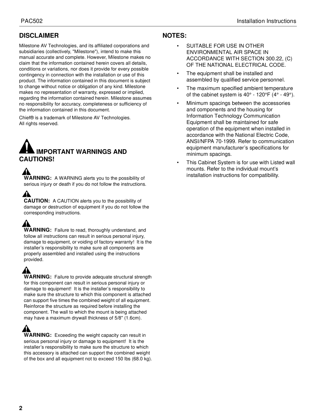 Chief Manufacturing PAC502 installation instructions Disclaimer, Important Warnings and Cautions 