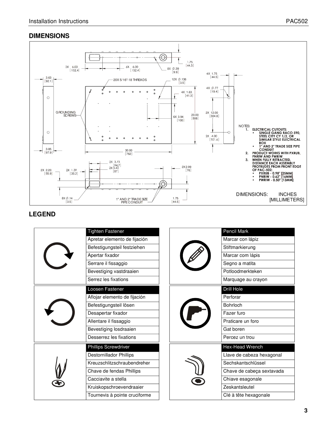 Chief Manufacturing PAC502 installation instructions Dimensions 