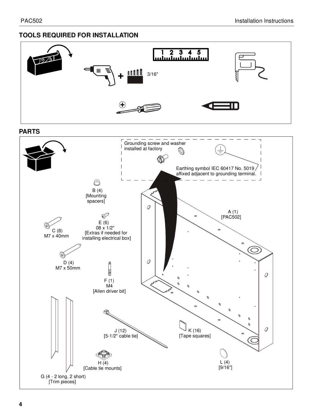 Chief Manufacturing PAC502 installation instructions Tools Required for Installation Parts 