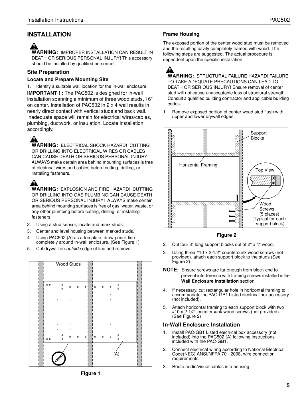 Chief Manufacturing PAC502 installation instructions Site Preparation, In-Wall Enclosure Installation 