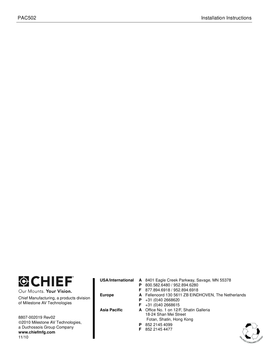 Chief Manufacturing PAC502 installation instructions +31 040 