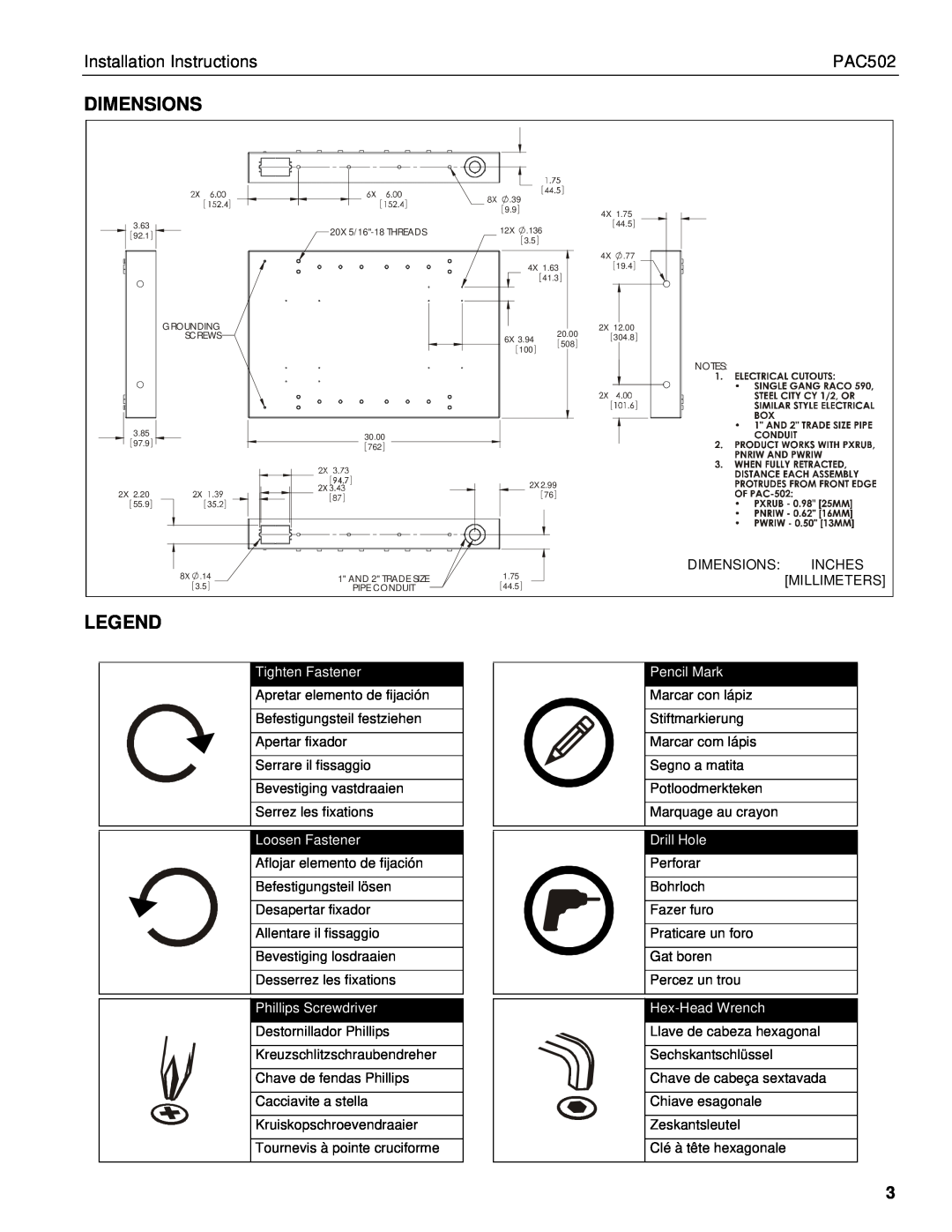 Chief Manufacturing PAC502 Dimensions, Installation Instructions, Millimeters, Tighten Fastener, Loosen Fastener 