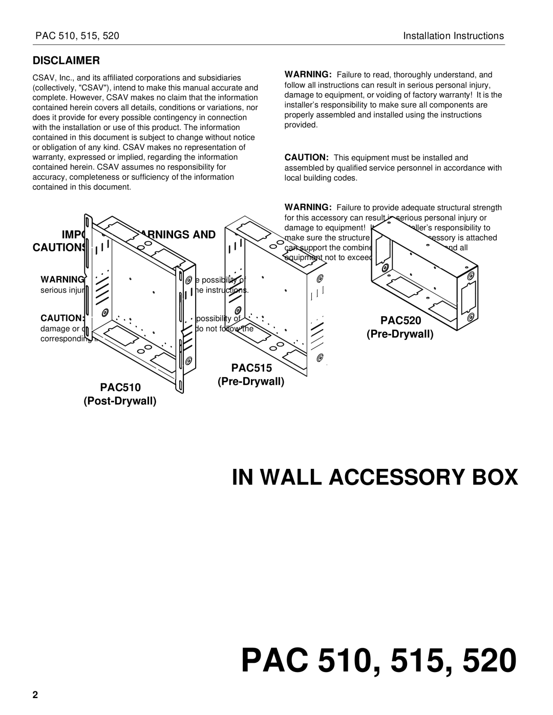 Chief Manufacturing PAC510 installation instructions Disclaimer, Important Warnings and Cautions 