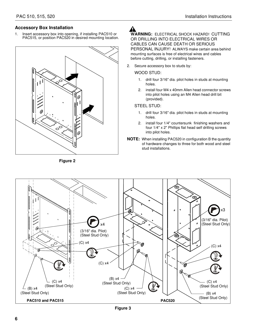 Chief Manufacturing PAC510 installation instructions Accessory Box Installation, Wood Stud 