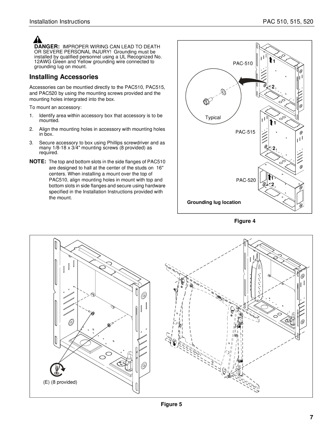 Chief Manufacturing PAC510 installation instructions Installing Accessories 