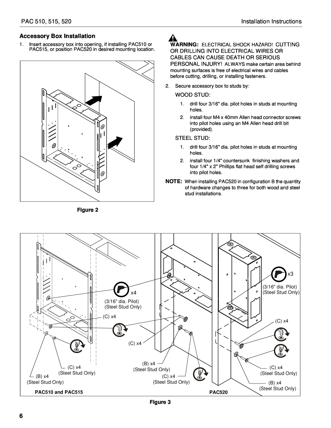 Chief Manufacturing PAC510 Accessory Box Installation, PAC 510, Installation Instructions, Wood Stud, Steel Stud 