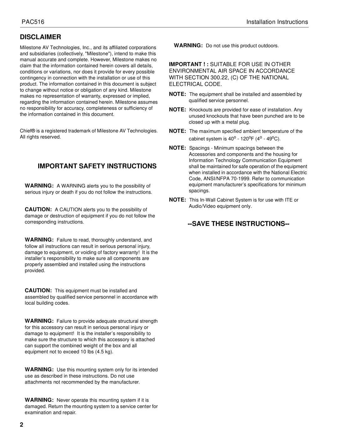 Chief Manufacturing PAC516 installation instructions Disclaimer, Important Safety Instructions 