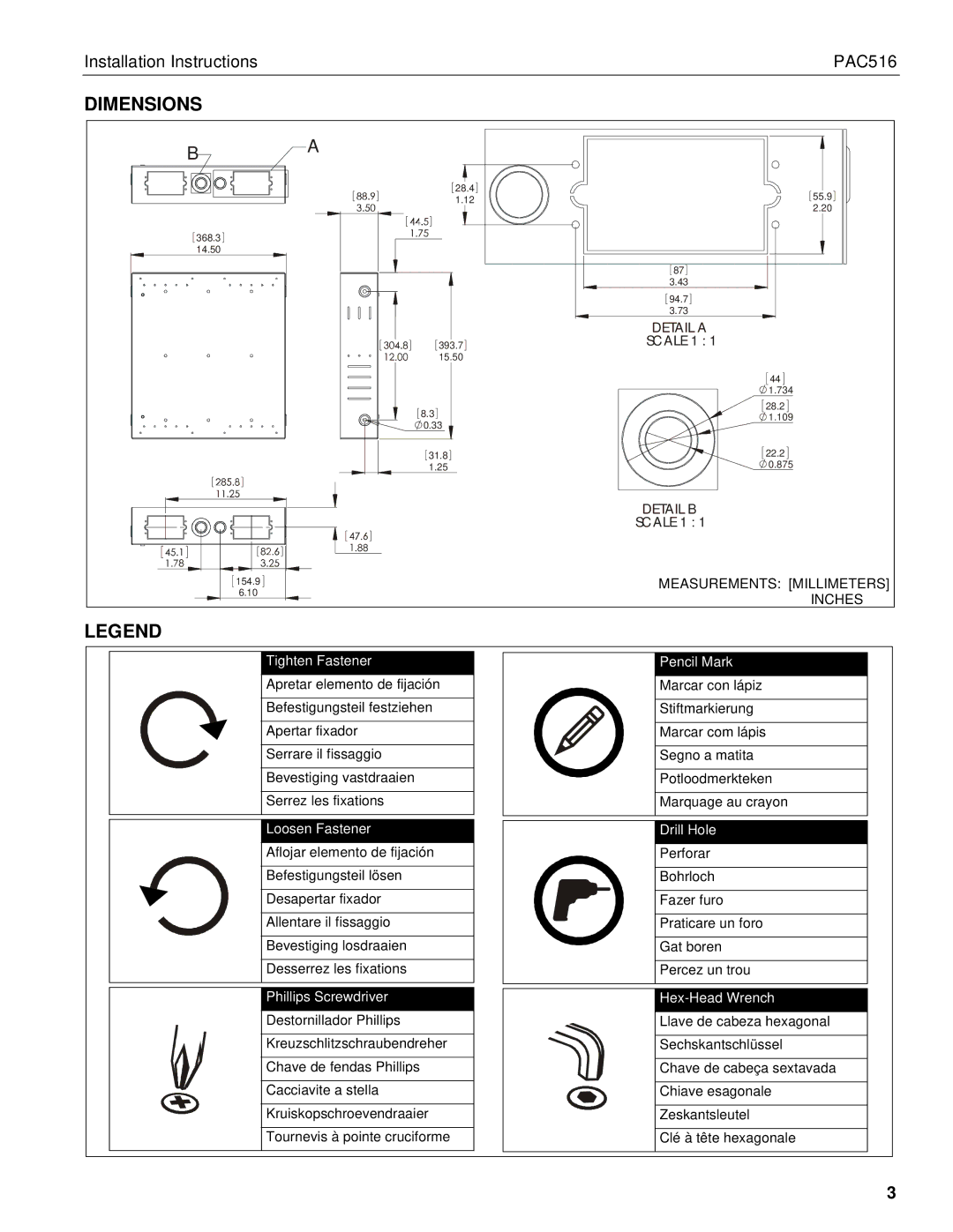 Chief Manufacturing PAC516 installation instructions Dimensions 