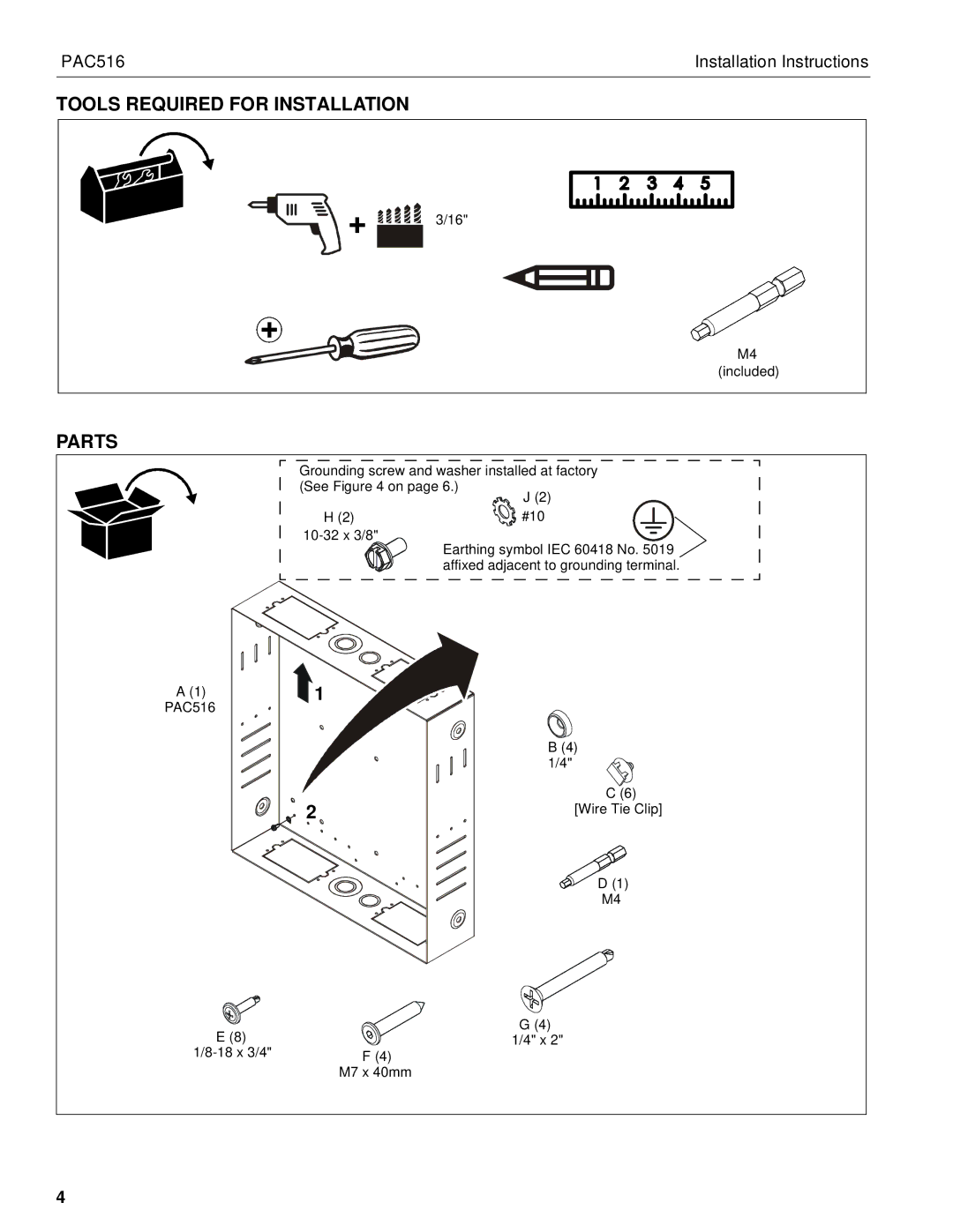 Chief Manufacturing PAC516 installation instructions Tools Required for Installation, Parts 