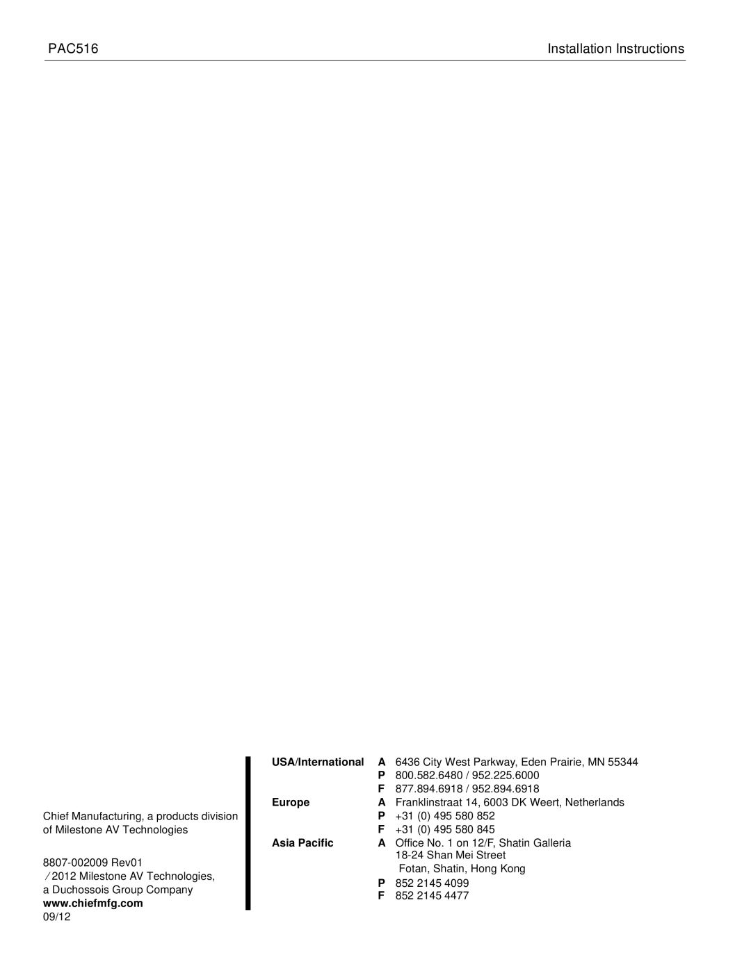 Chief Manufacturing PAC516 installation instructions USA/International 