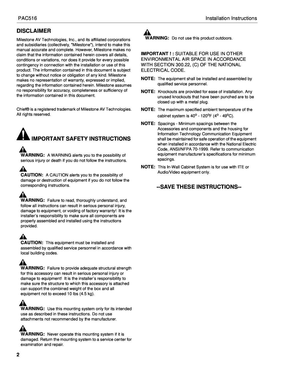 Chief Manufacturing PAC516 Disclaimer, Important Safety Instructions, Save These Instructions, Installation Instructions 