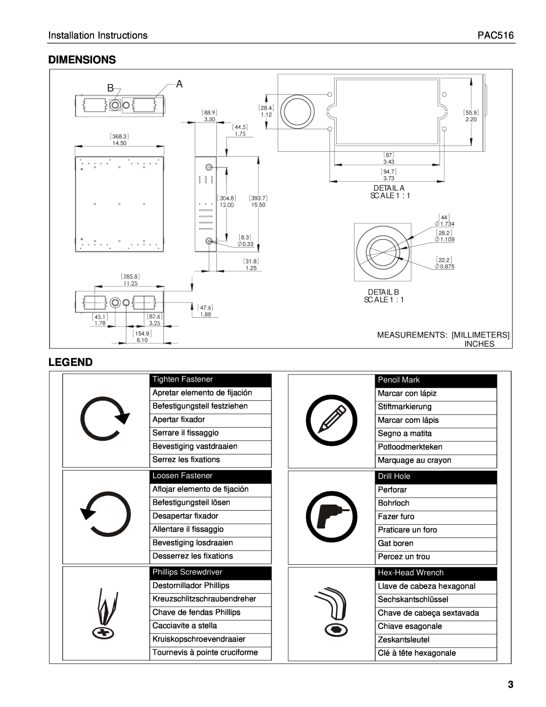 Chief Manufacturing PAC516 Dimensions, Installation Instructions, Measurements Millimeters, Inches, Pencil Mark 