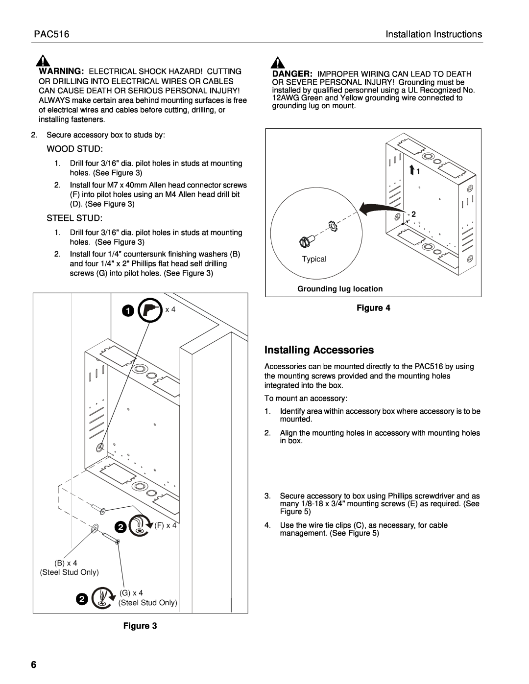 Chief Manufacturing PAC516 Installing Accessories, Wood Stud, Steel Stud, Installation Instructions 