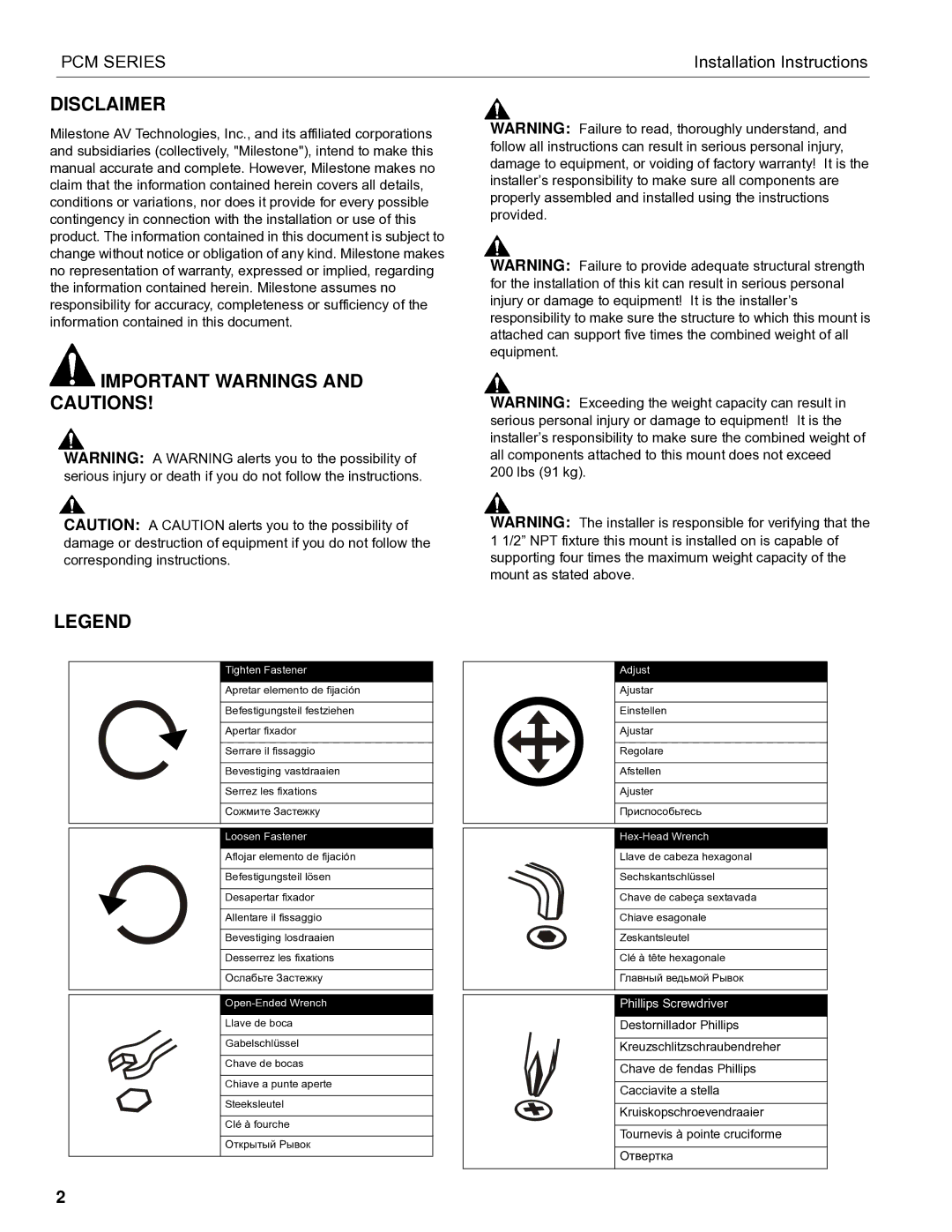 Chief Manufacturing PCM Series installation instructions Disclaimer, Important Warnings and Cautions 