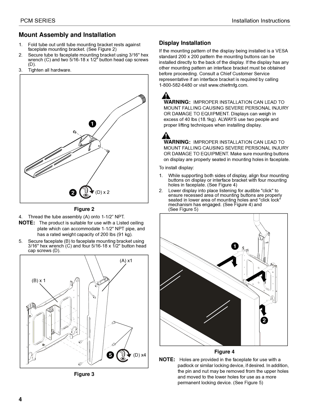 Chief Manufacturing PCM Series installation instructions Mount Assembly and Installation, Display Installation 