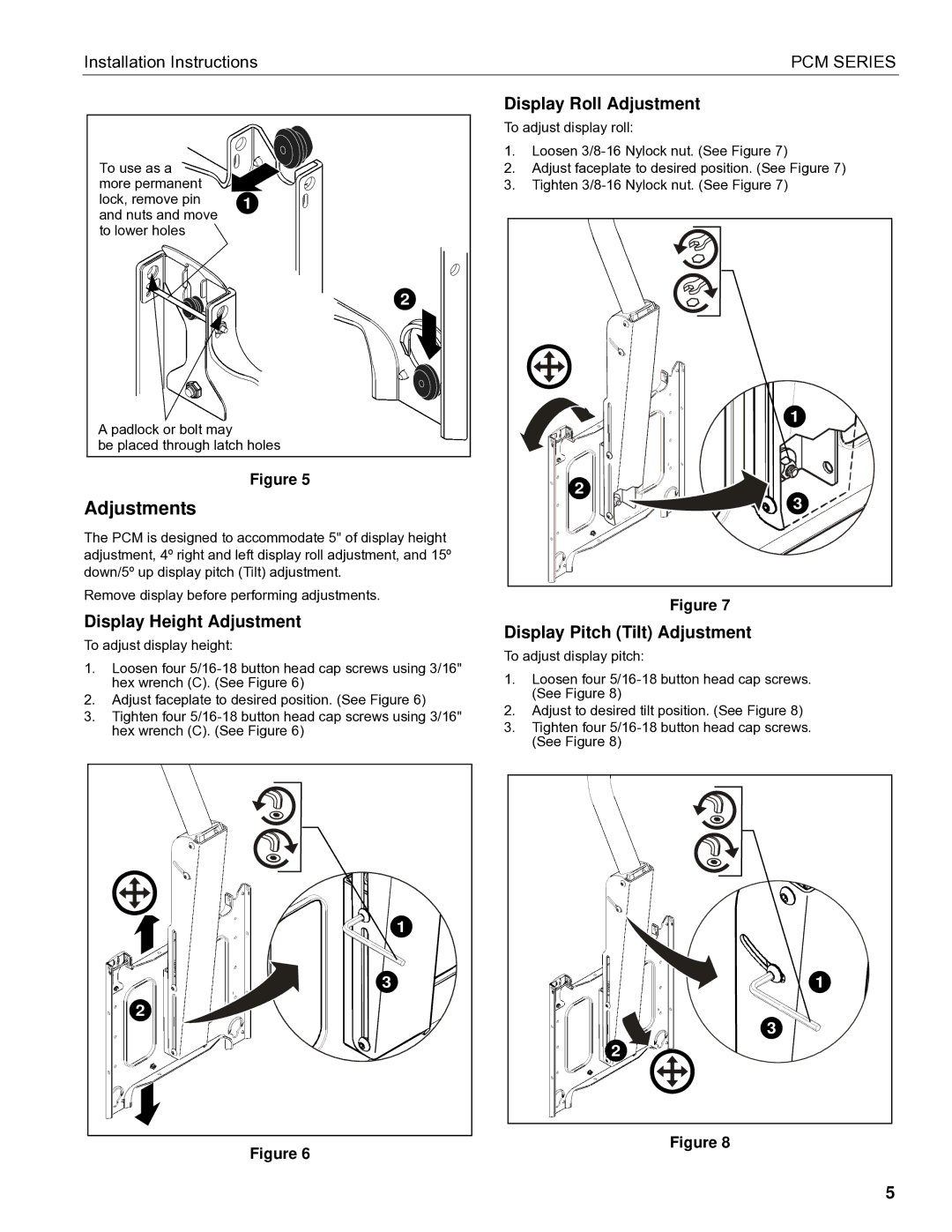 Chief Manufacturing PCM Series installation instructions Adjustments, Display Roll Adjustment, Display Height Adjustment 