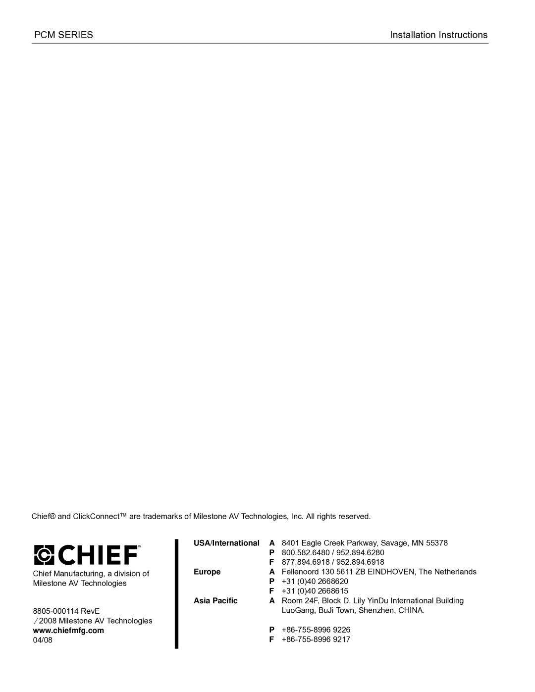 Chief Manufacturing PCM Series installation instructions 