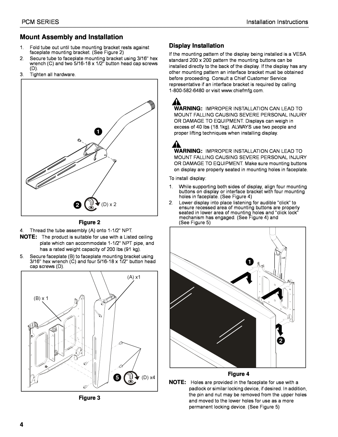 Chief Manufacturing PCM Series installation instructions Mount Assembly and Installation, Display Installation, Pcm Series 